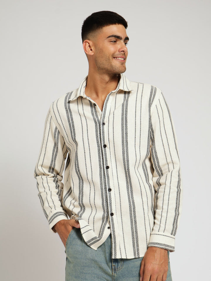 Ecru Long Sleeve Waffle Stripe Shirt - Off White