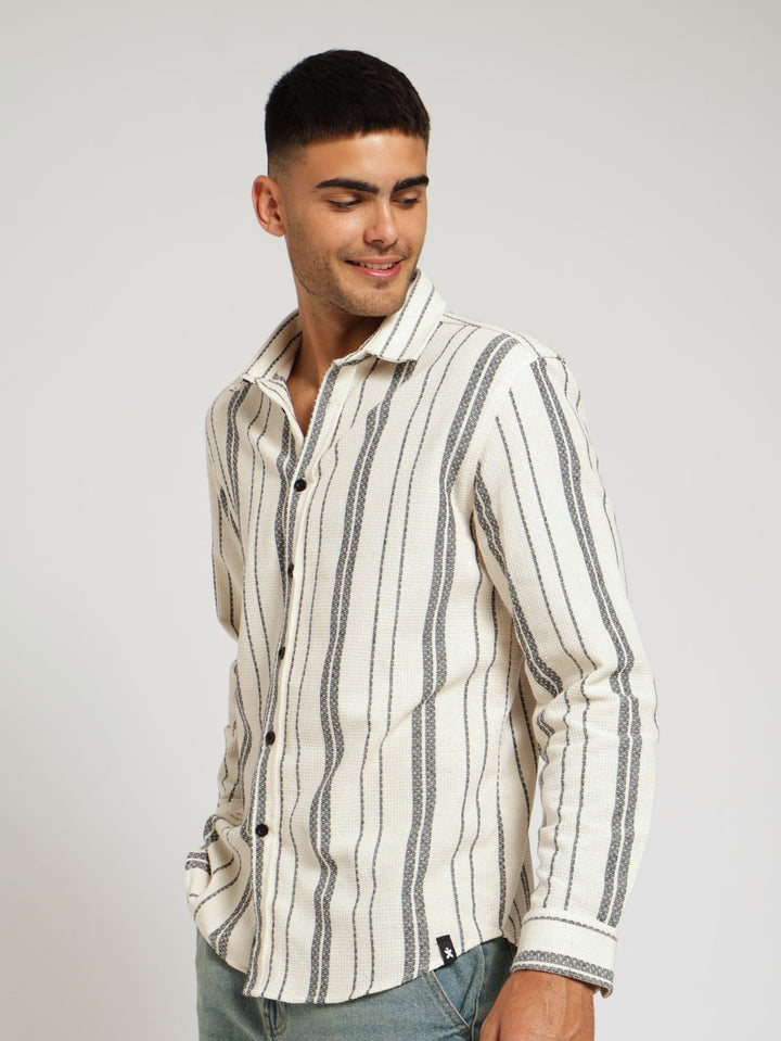 Ecru Long Sleeve Waffle Stripe Shirt - Off White