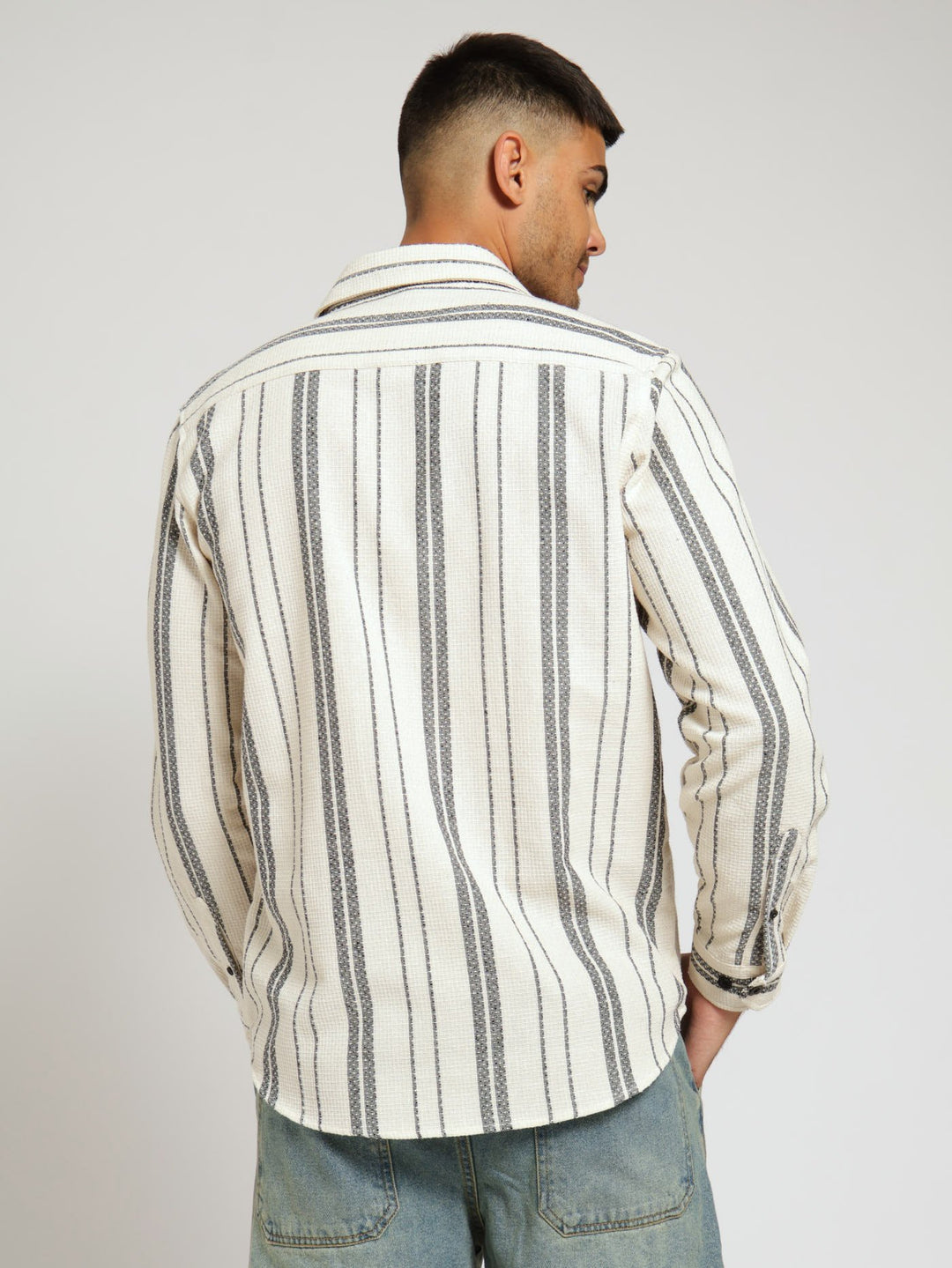 Ecru Long Sleeve Waffle Stripe Shirt - Off White