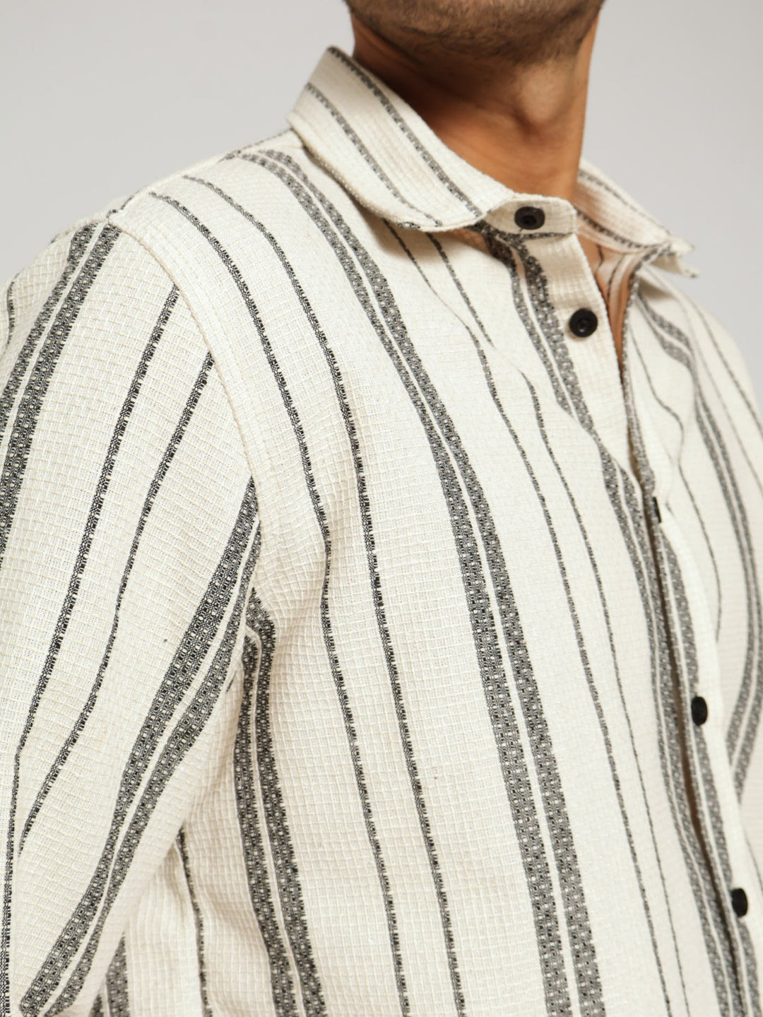 Ecru Long Sleeve Waffle Stripe Shirt - Off White