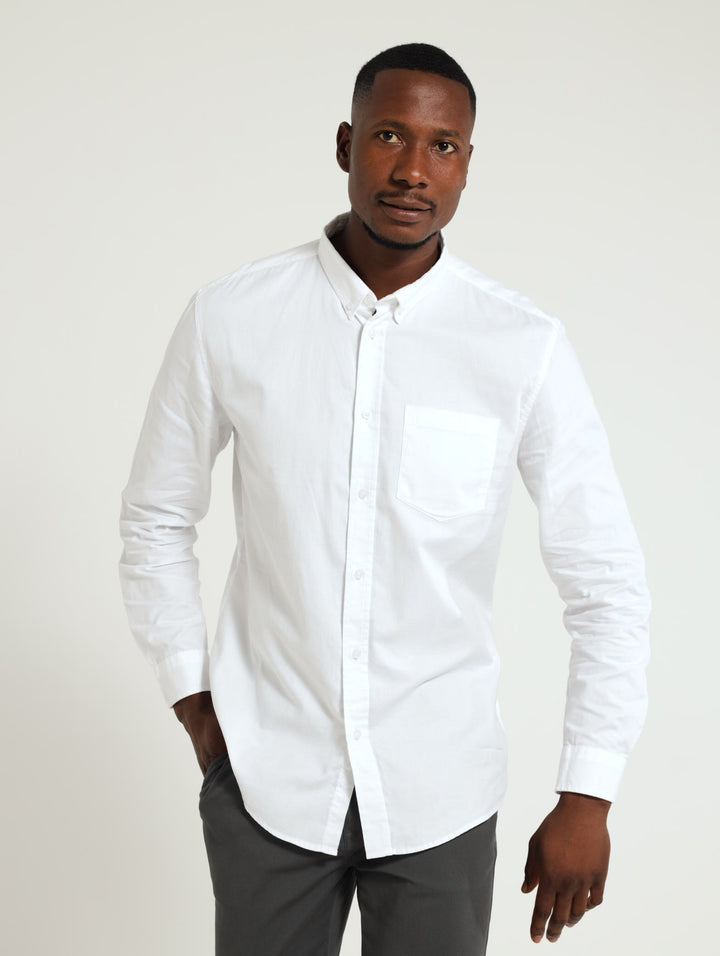 Long Sleeve Plain Dobby Shirt - White