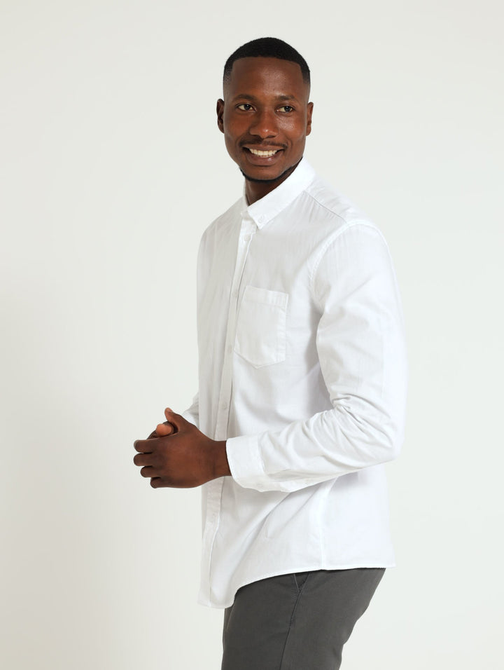 Long Sleeve Plain Dobby Shirt - White