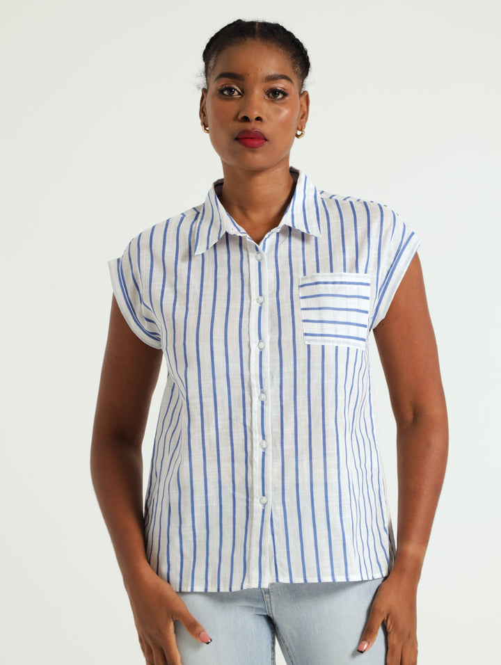 1 Pocket Easywearing Stripe Linen Shirt - White/Blue