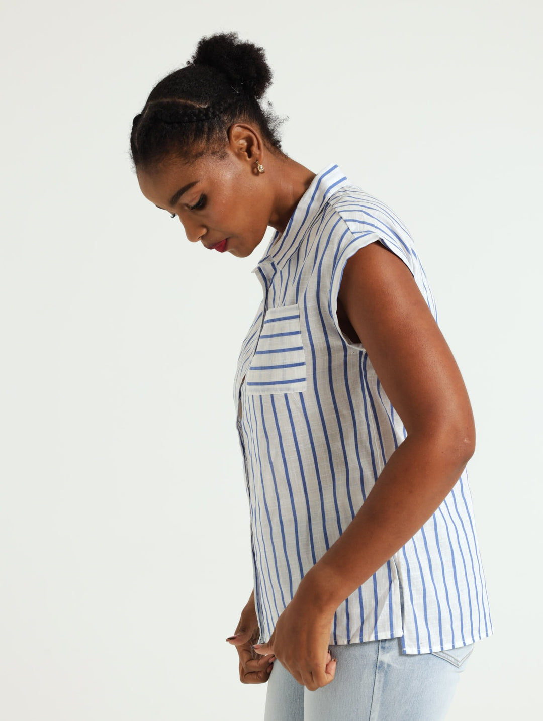 1 Pocket Easywearing Stripe Linen Shirt - White/Blue
