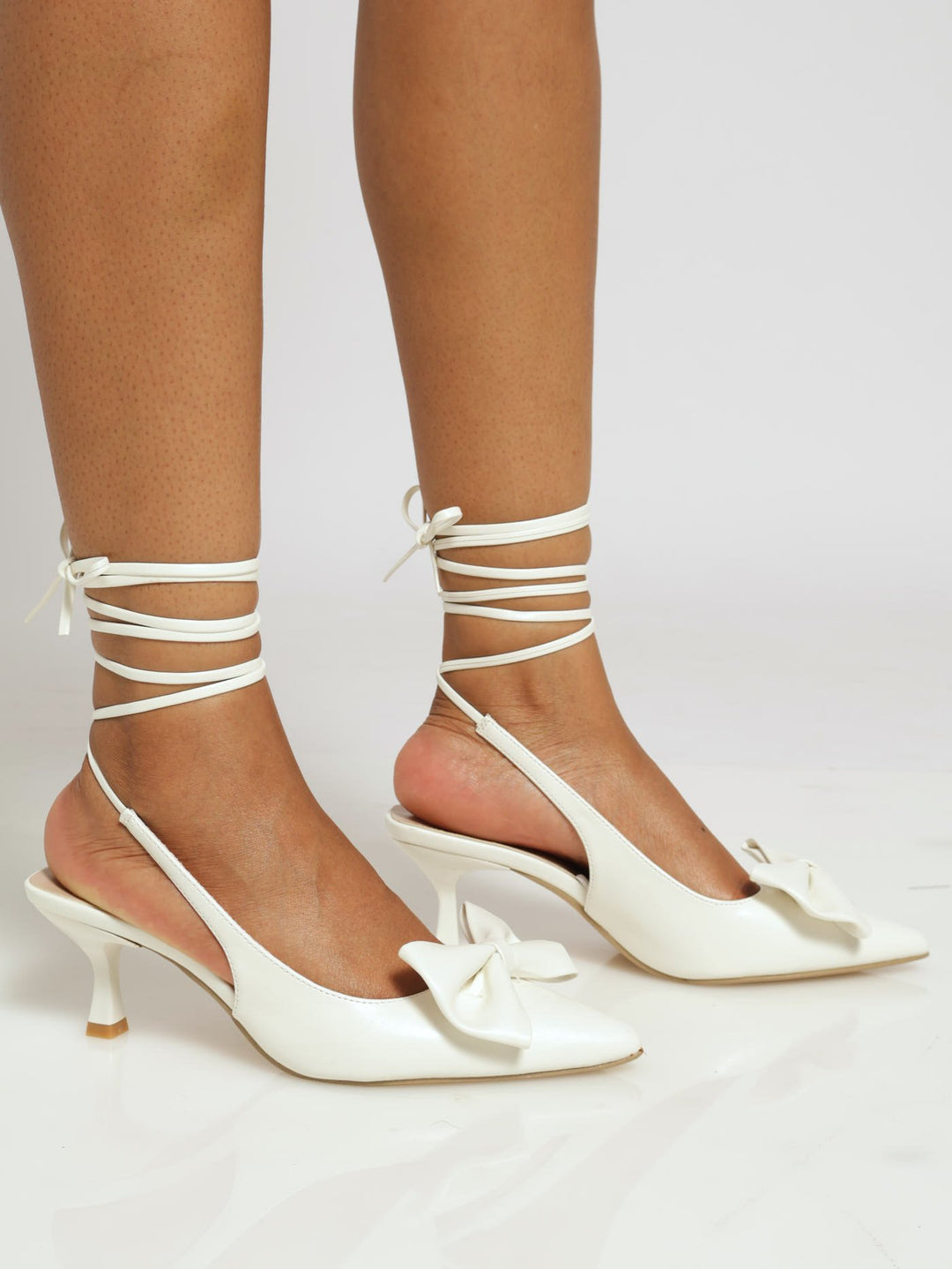 Bow Detail Lace-Up Pointy Kitten Heel - White