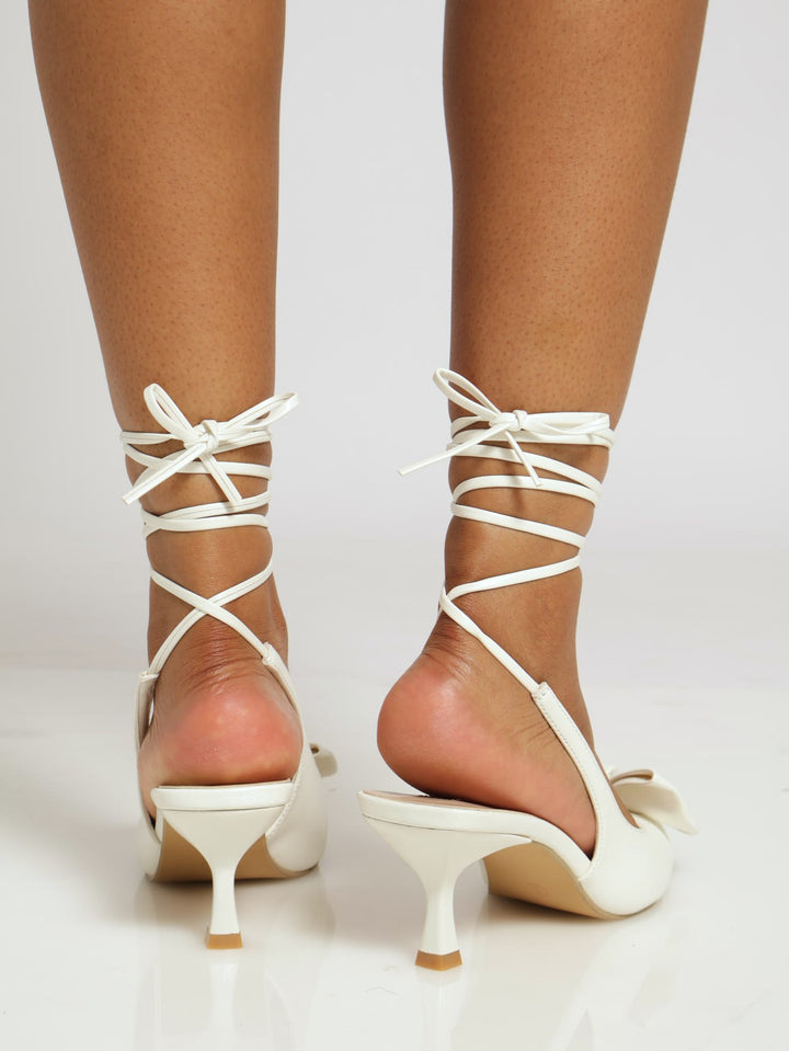 Bow Detail Lace-Up Pointy Kitten Heel - White