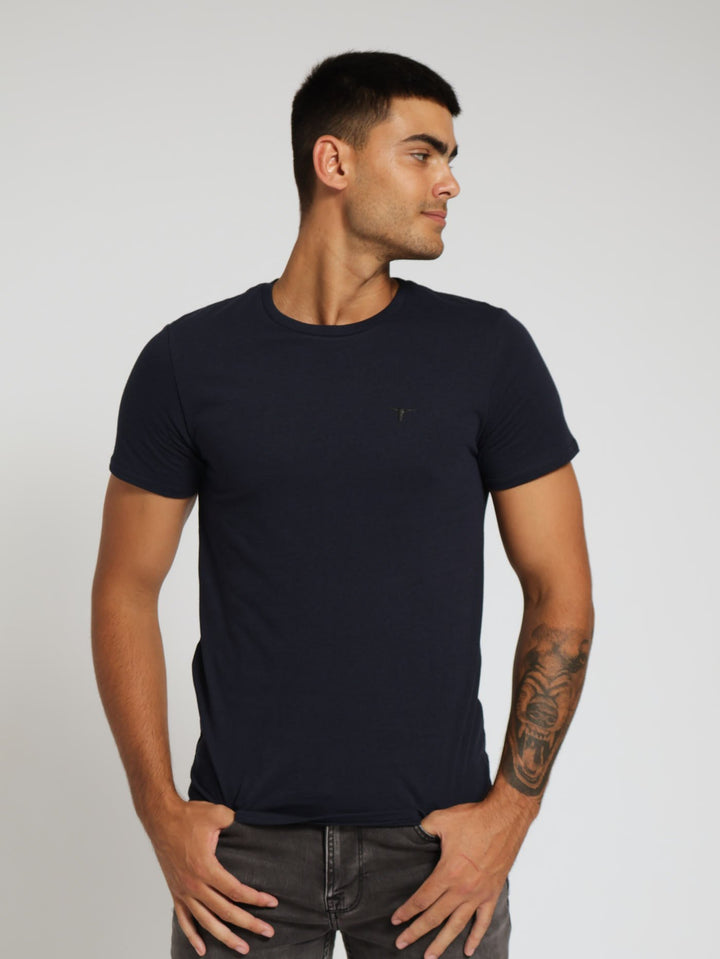 Basic Crew Logo Print Tee - Navy