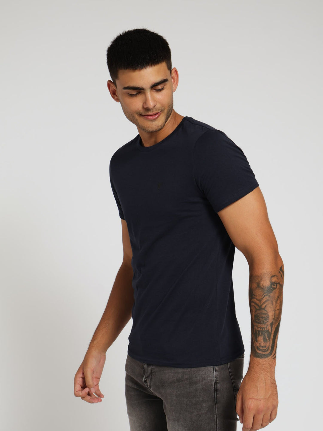 Basic Crew Logo Print Tee - Navy