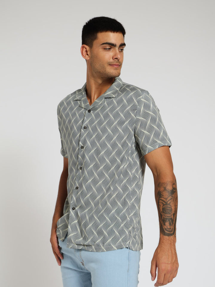 Viscose Wave Retro Print Shirt - Green