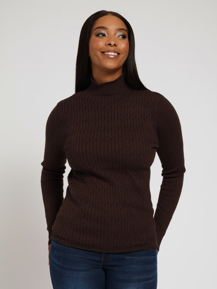 Ribbed Turtleneck With Diamond Design - Dark Chocolate