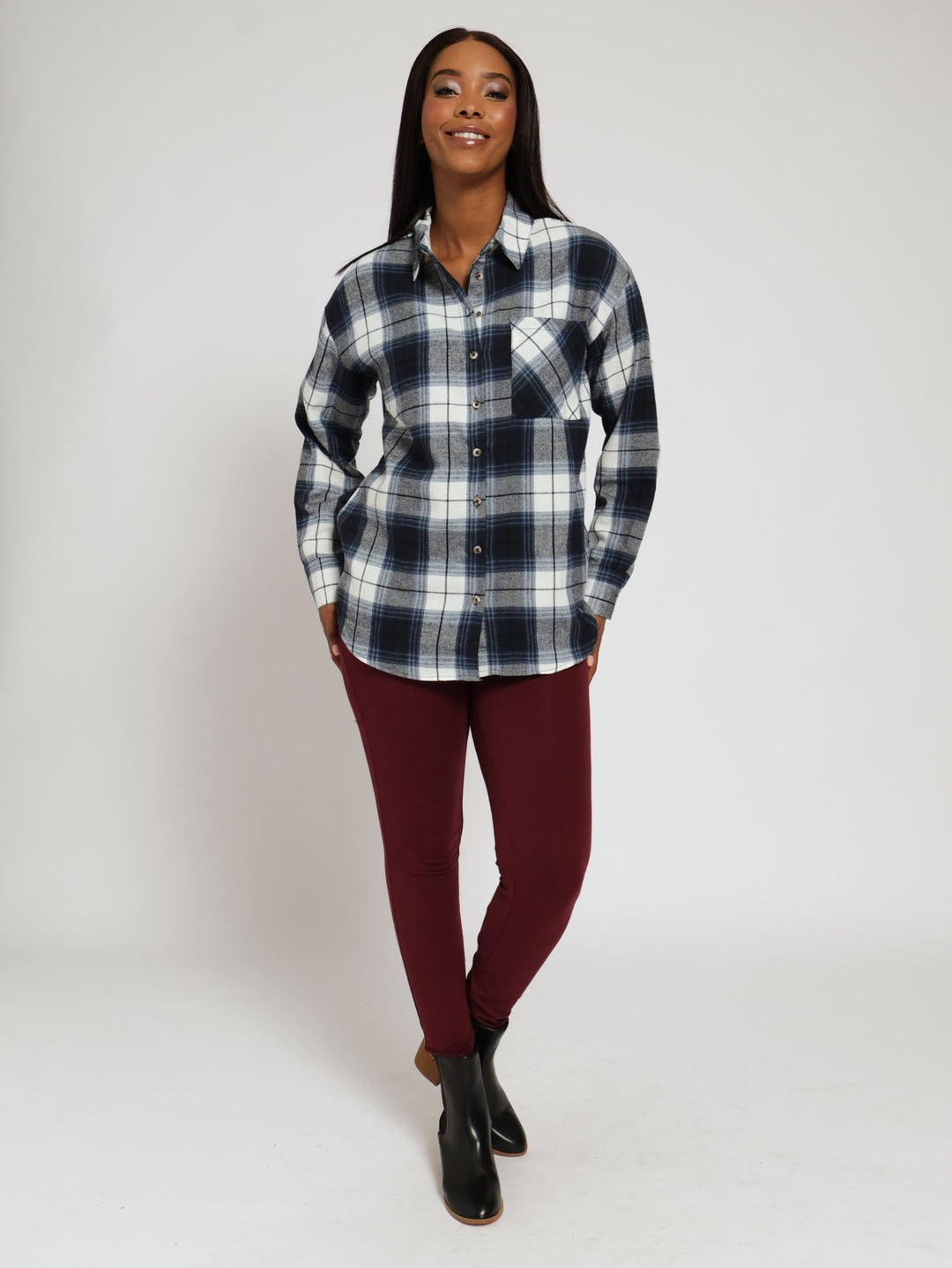 Long Sleeve Oversized Check Flannel Shirt - Black/White