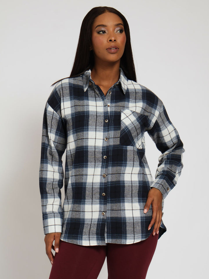 Long Sleeve Oversized Check Flannel Shirt - Black/White