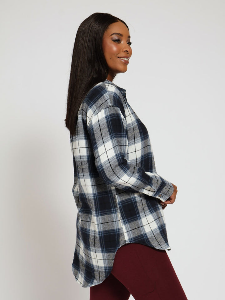 Long Sleeve Oversized Check Flannel Shirt - Black/White