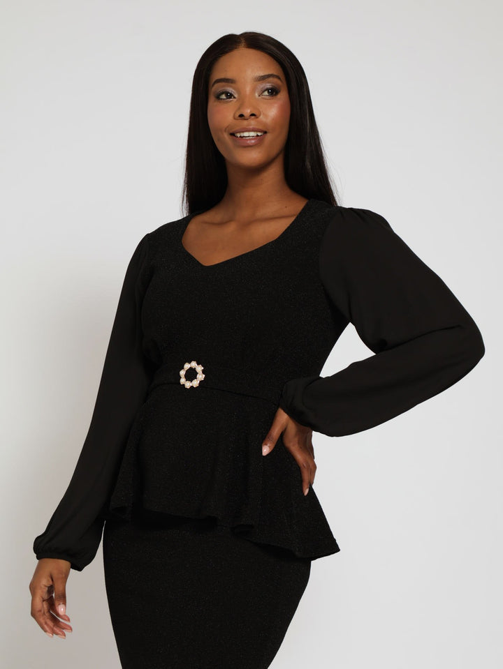 V-Neck Belted Shimmer Combo Blouse - Black