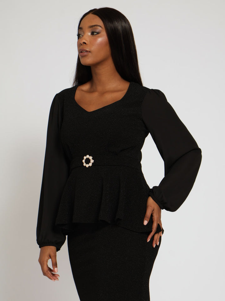 V-Neck Belted Shimmer Combo Blouse - Black