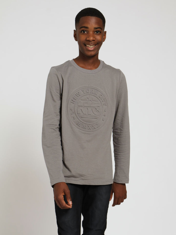 Boys Long Sleeve NYC Embossed Tee - Dark Grey