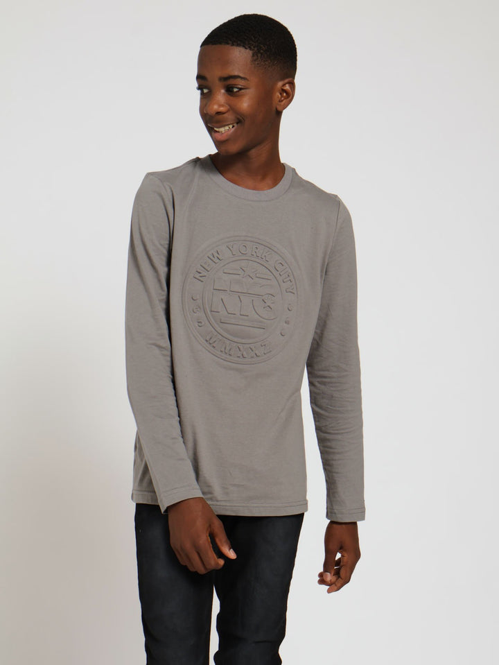 Boys Long Sleeve NYC Embossed Tee - Dark Grey