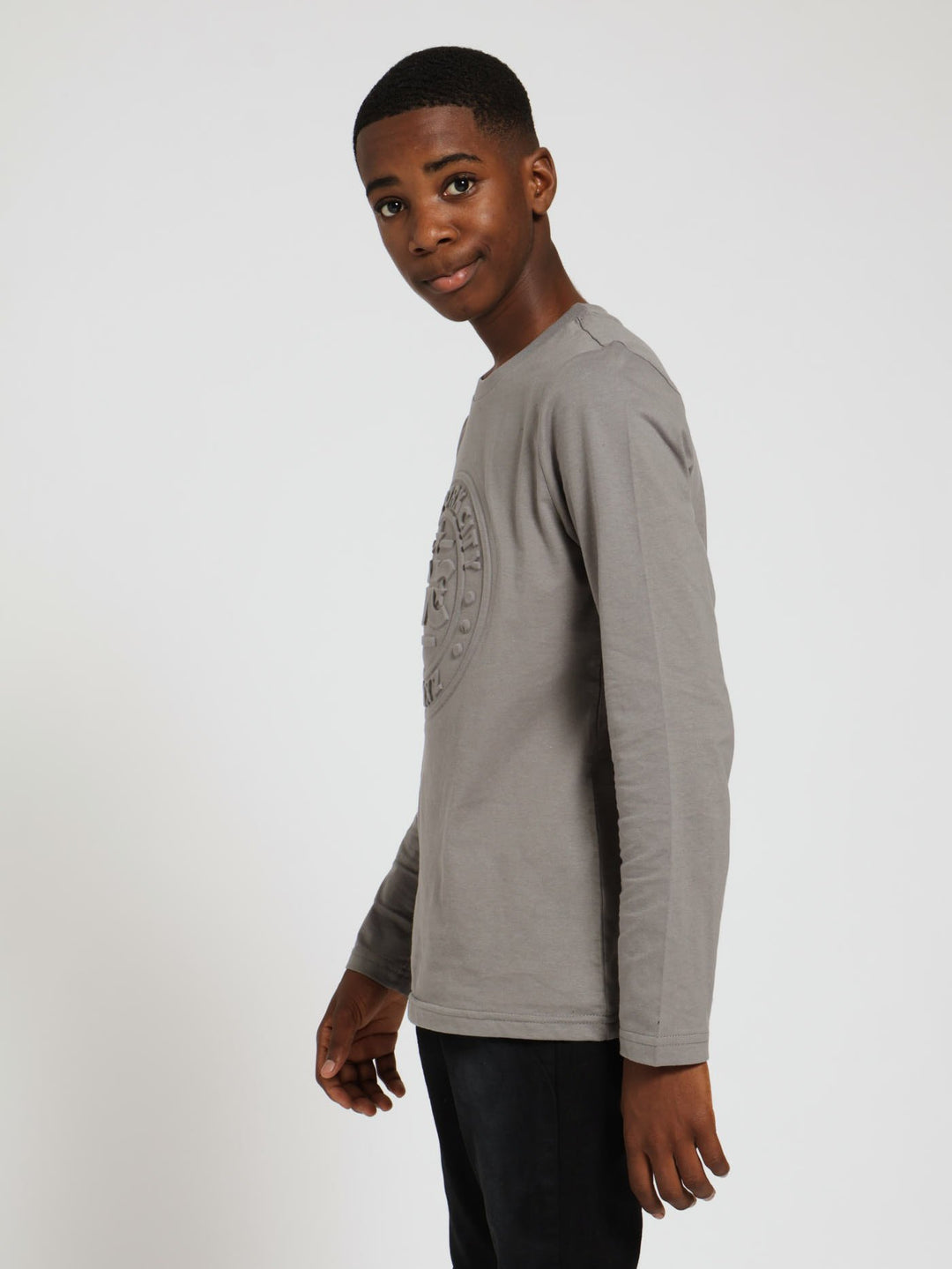 Boys Long Sleeve NYC Embossed Tee - Dark Grey