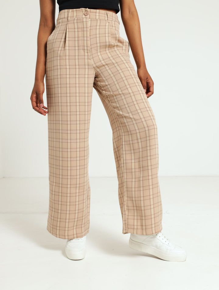 Check Wide Leg Pants - Stone