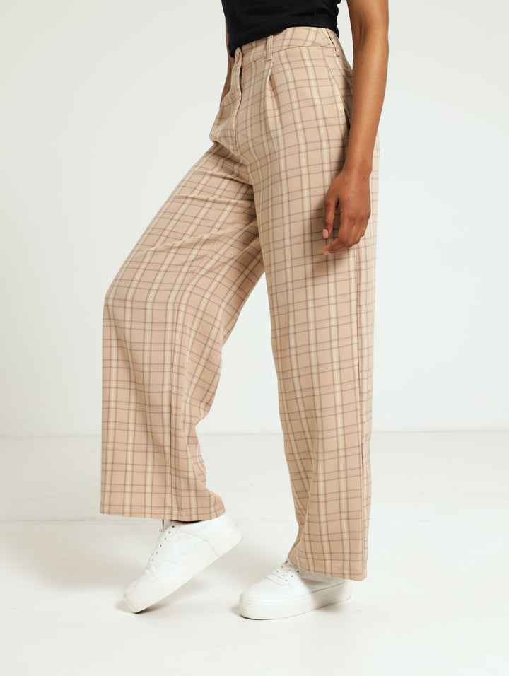 Check Wide Leg Pants - Stone