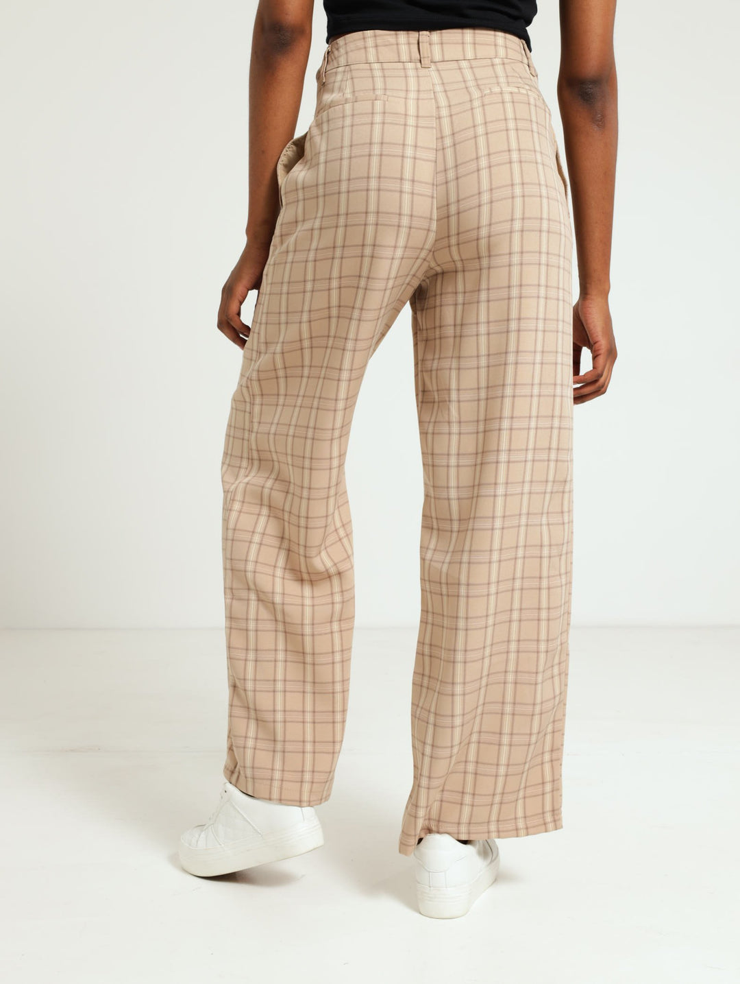 Check Wide Leg Pants - Stone