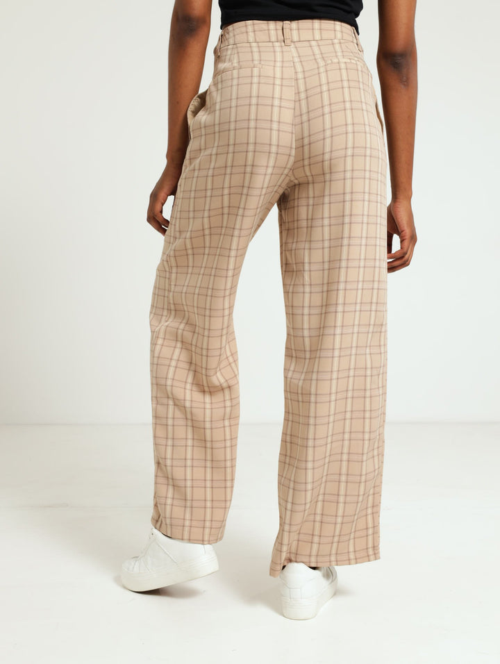 Check Wide Leg Pants - Stone