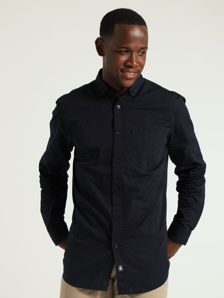 Long Sleeve Plain Poplin Shirt - Navy