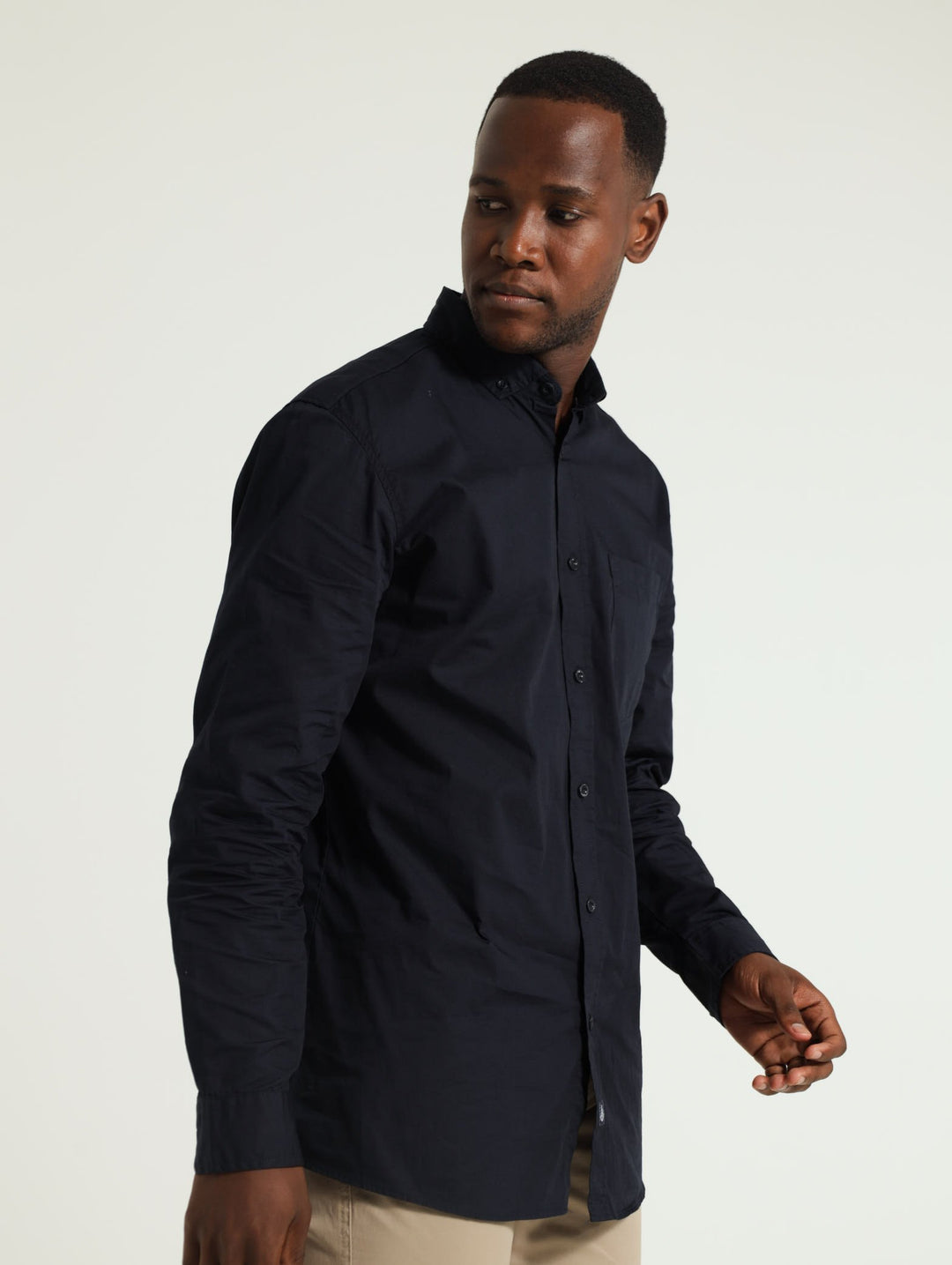 Long Sleeve Plain Poplin Shirt - Navy