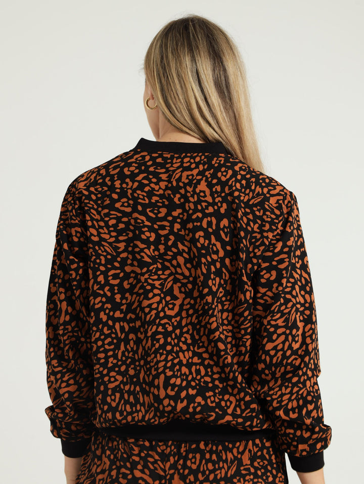 Long Sleeve Printed Bomber - Black/Brown