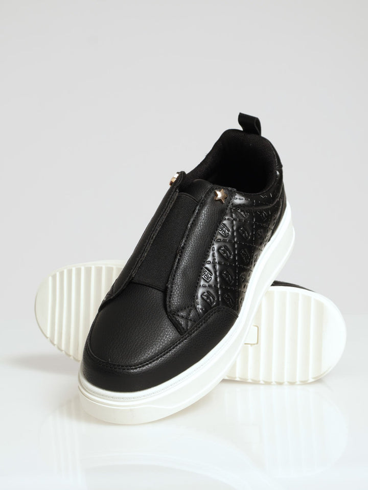 Embossed Pu Elastic Slip On Sneaker - Black