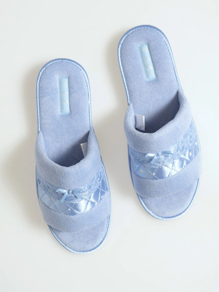 Quilted Fur Mule Slipper With Stars - Blue
