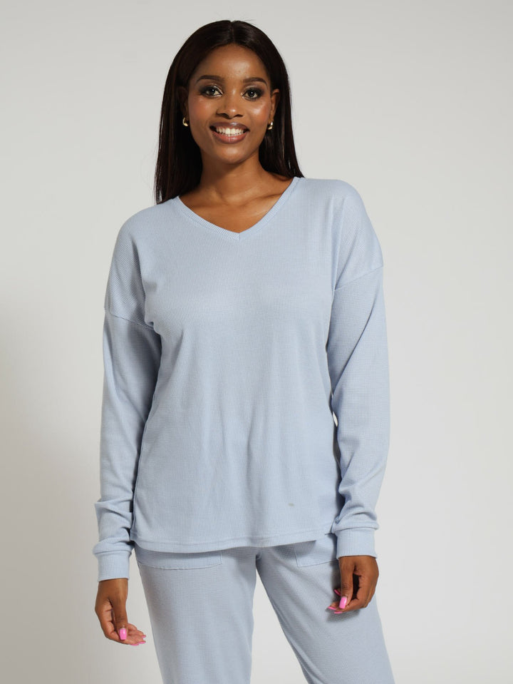 Long Sleeve Textured Waffle Pullover - Blue