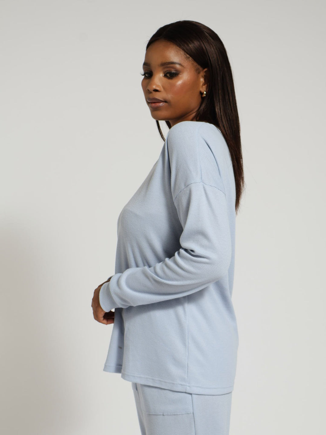 Long Sleeve Textured Waffle Pullover - Blue