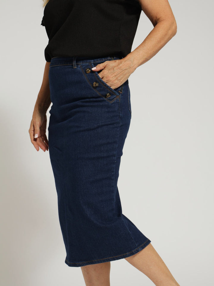 Denim Pencil Skirt With Button Detail - Mid Blue