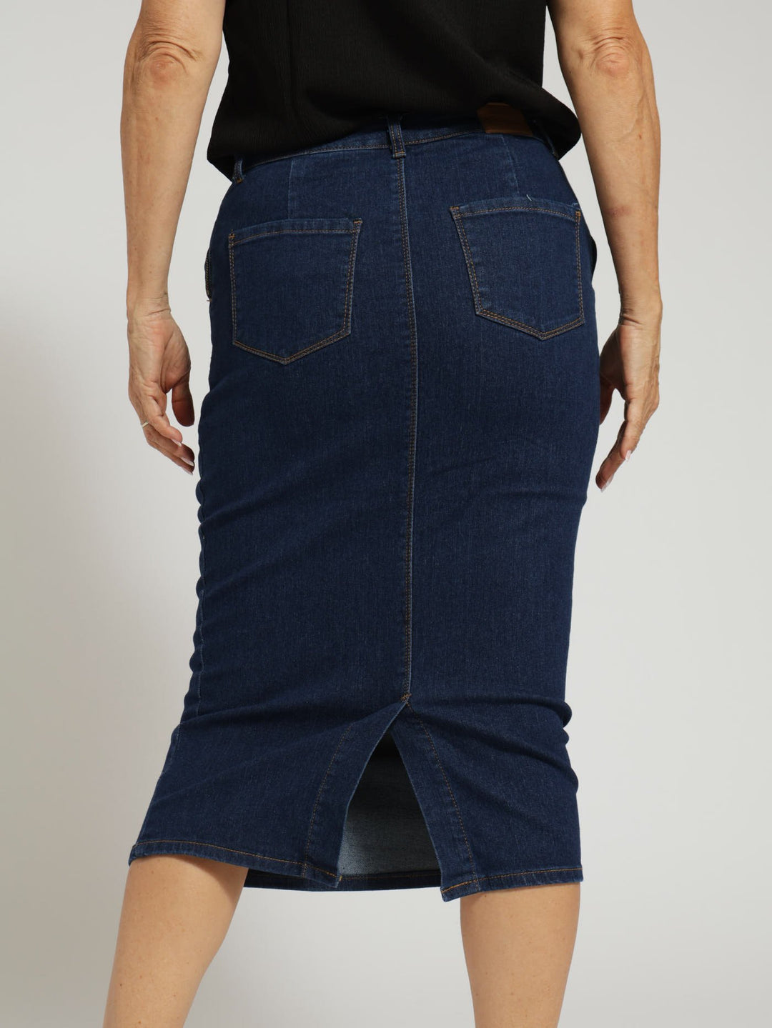 Denim Pencil Skirt With Button Detail - Mid Blue