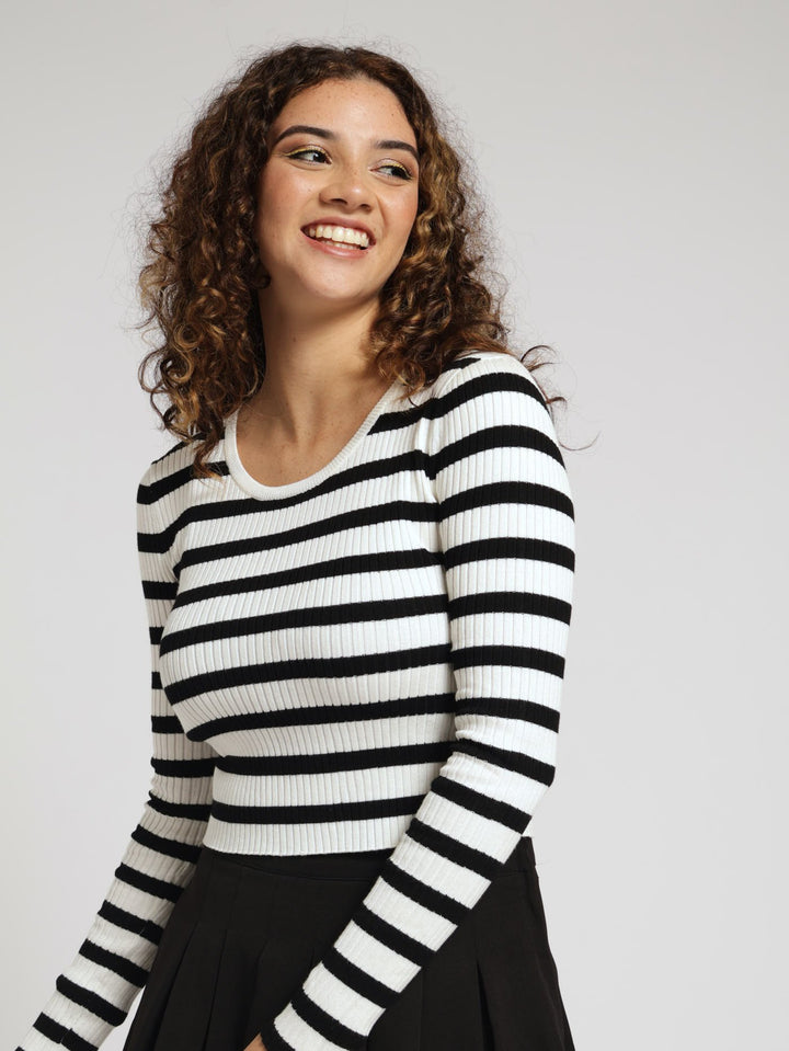 Long Sleeve Stripe Crop Tee - White