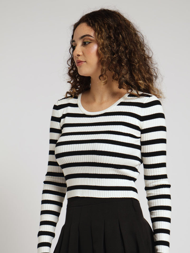 Long Sleeve Stripe Crop Tee - White