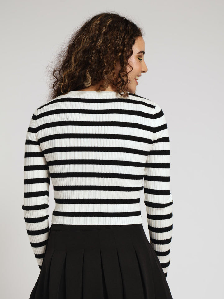 Long Sleeve Stripe Crop Tee - White