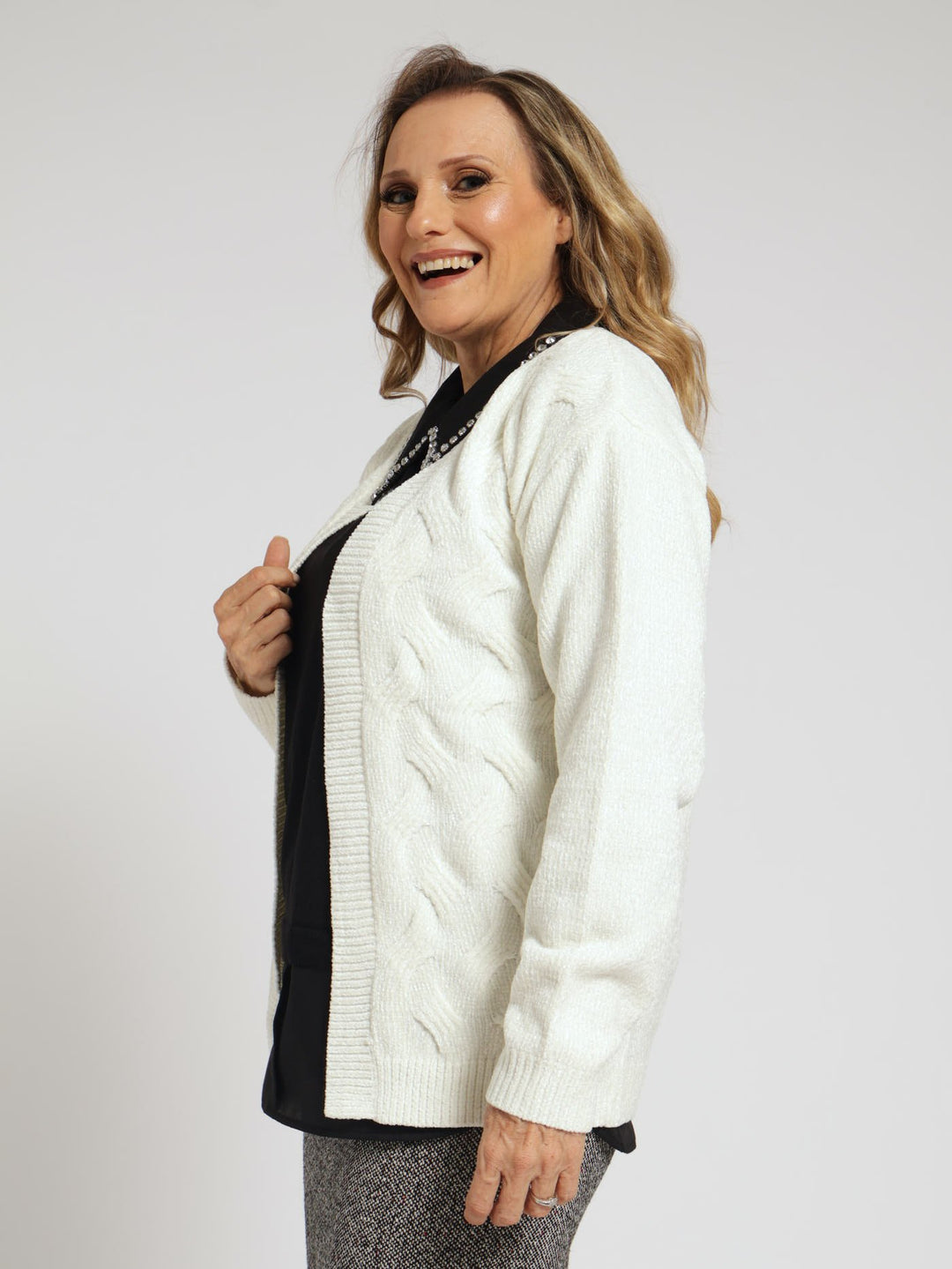 Chenille Cable Cardigan - White