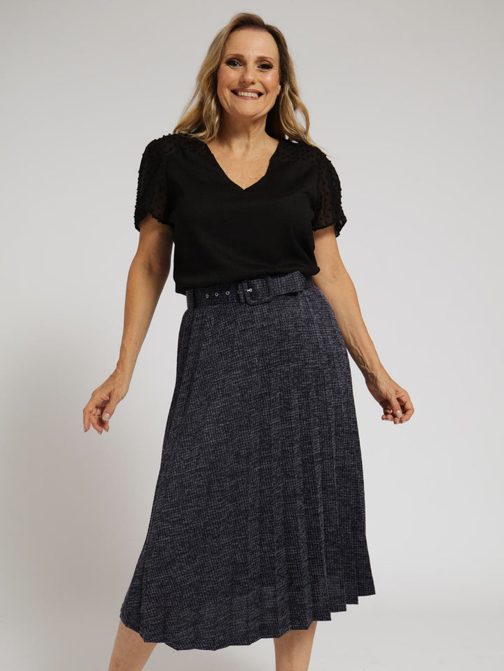 Pleated Textured Knit Skirt With Belt - Navy