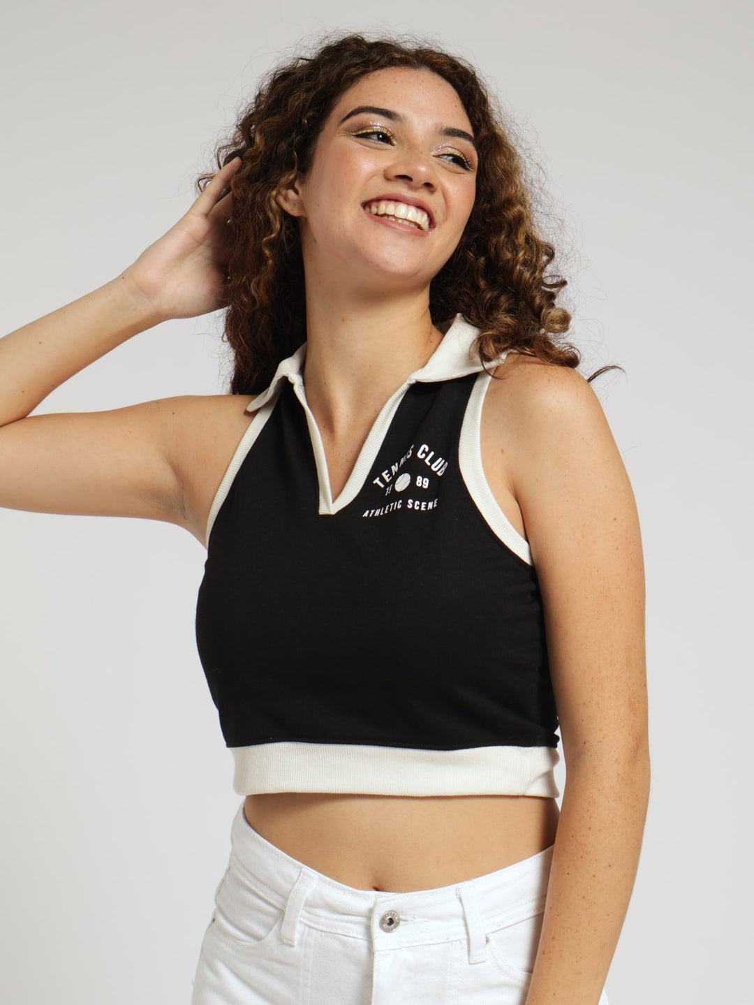 Crop Collar Tank Top - Black