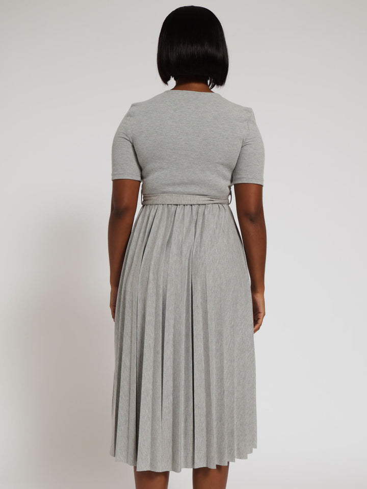 V-Neck Belted Knit Midi Dress - Grey Melange