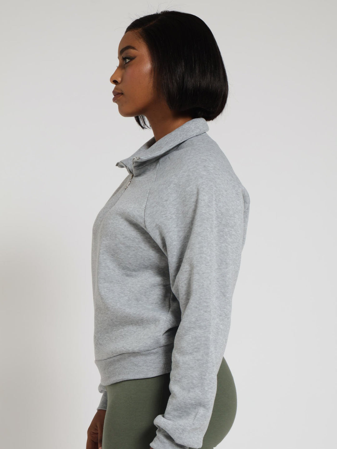 Fleece Zip Funnel Neck Sweater - Grey Melange