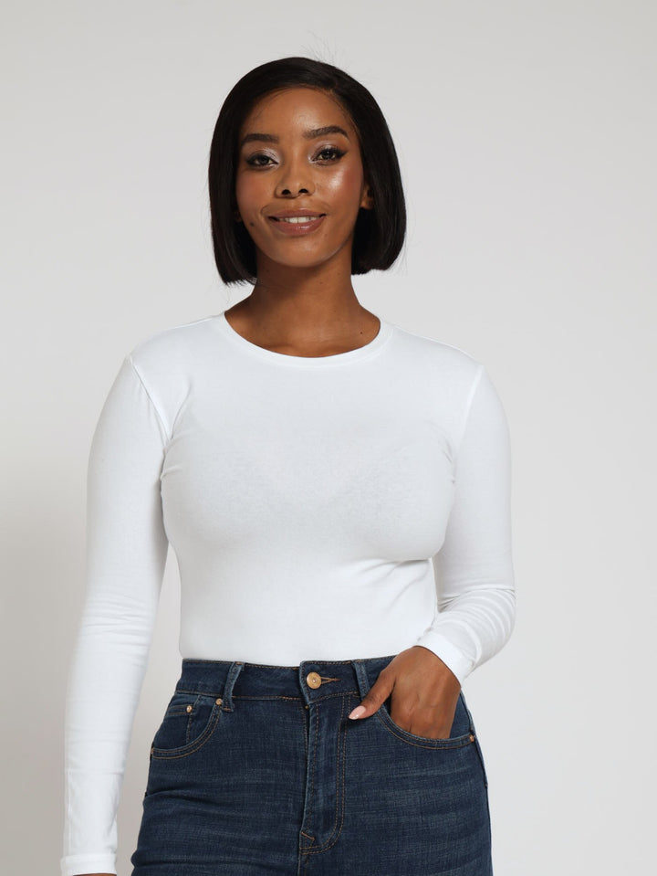 Long Sleeve Crew Neck Bodysuit - White