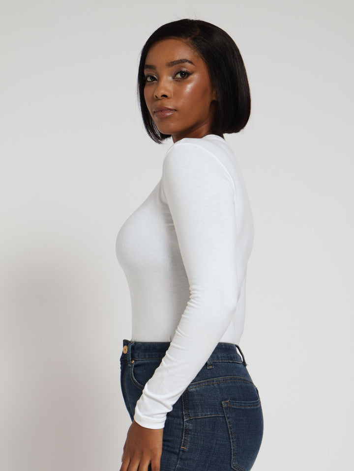 Long Sleeve Crew Neck Bodysuit - White