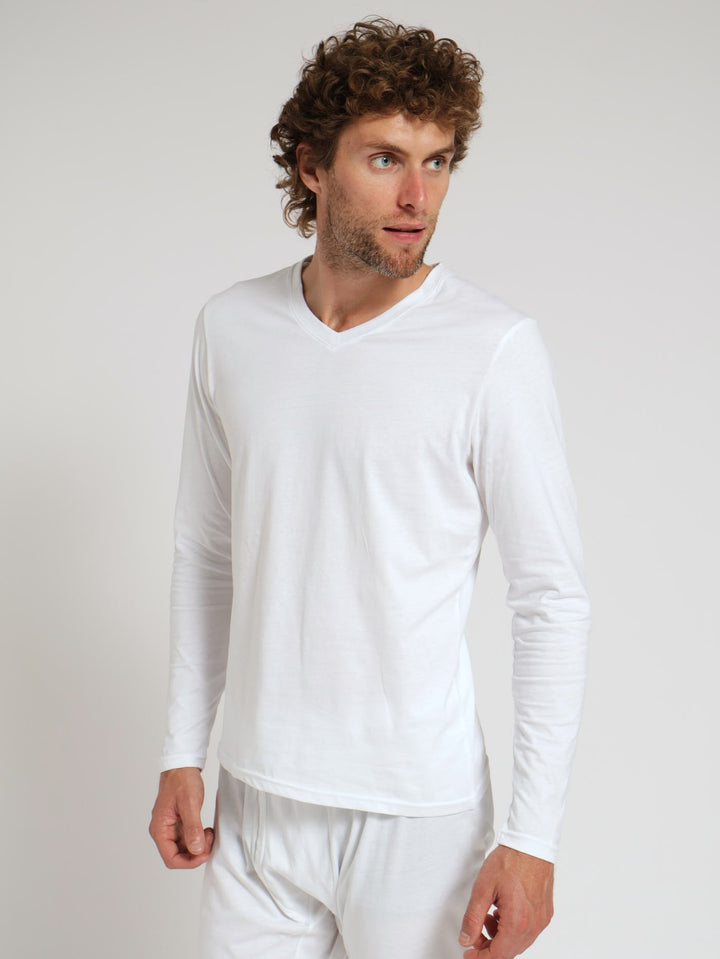 Winter Long Sleeve Cotton Thermal Crew Neck Tee - White