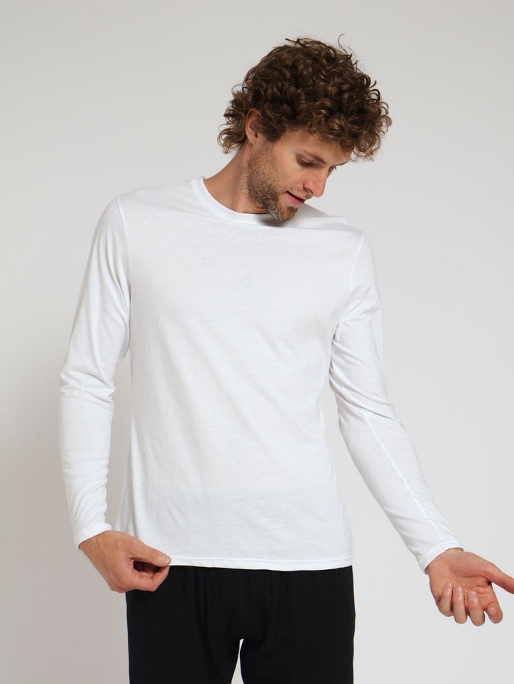 Winter Long Sleeve Cotton Thermal Crew Neck Tee - White