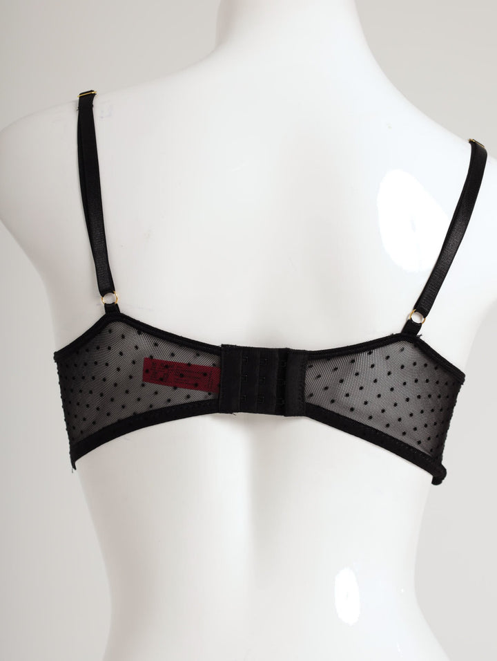 Ladies Push Up Balconette Bra Flocked Mesh & Eyelash Lace - Black