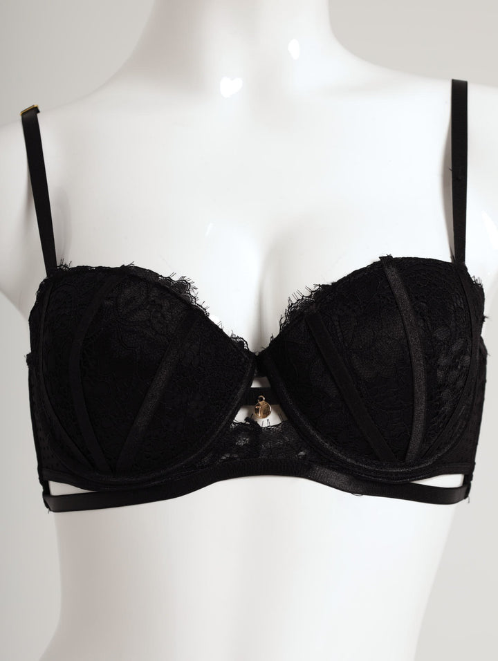 Ladies Push Up Balconette Bra Flocked Mesh & Eyelash Lace - Black