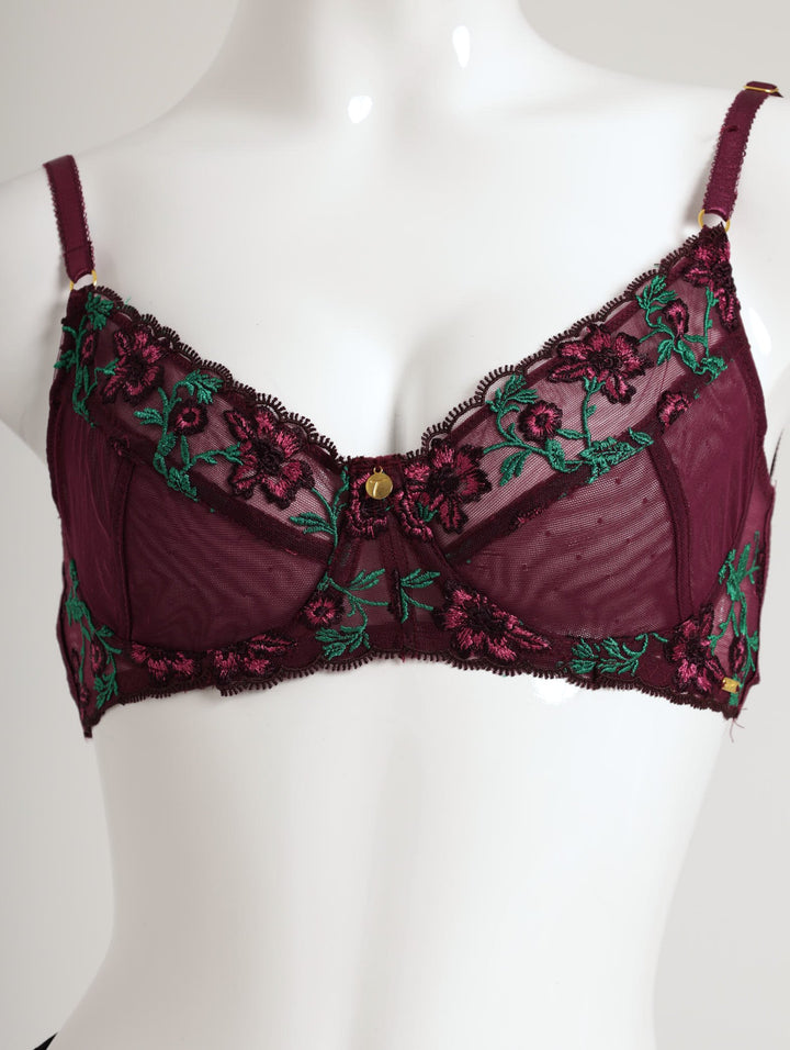 Ladies Shiny Embroidery & Plain Mesh Non-Padded Bra - Beetroot